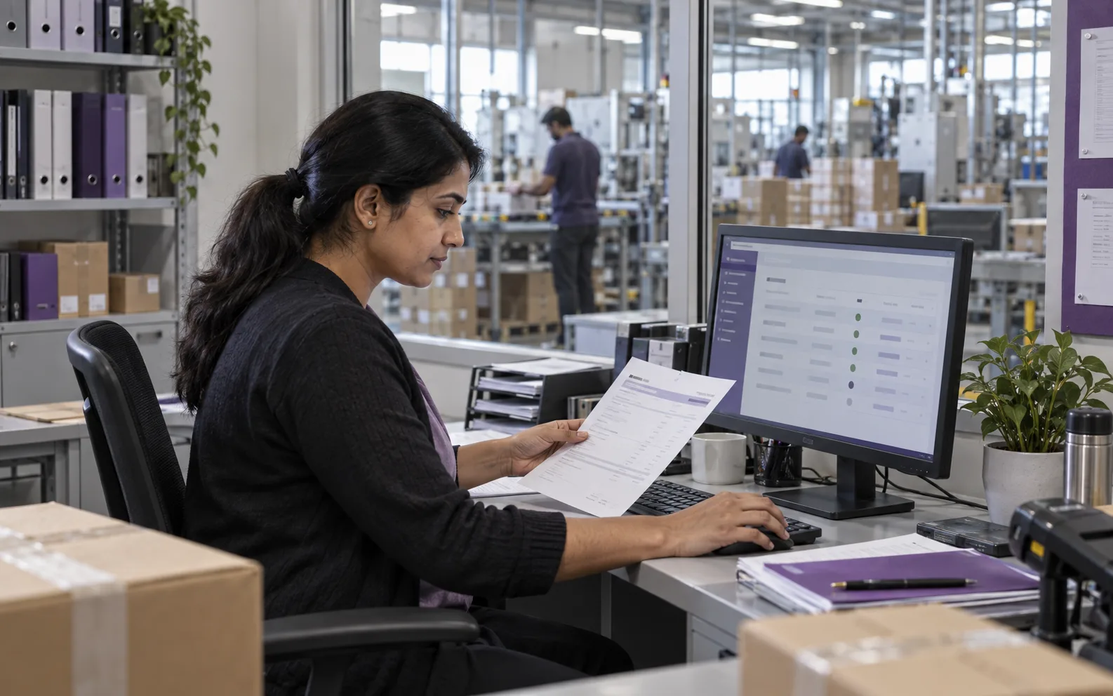 Manufacturing customer service coordinator comparing a dispatch document with an order record beside a factory floor