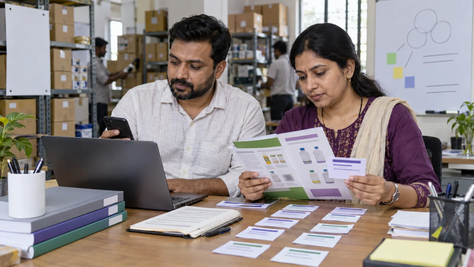 Indian SME colleagues reviewing anonymized customer enquiries against an approved product catalogue before choosing automation.