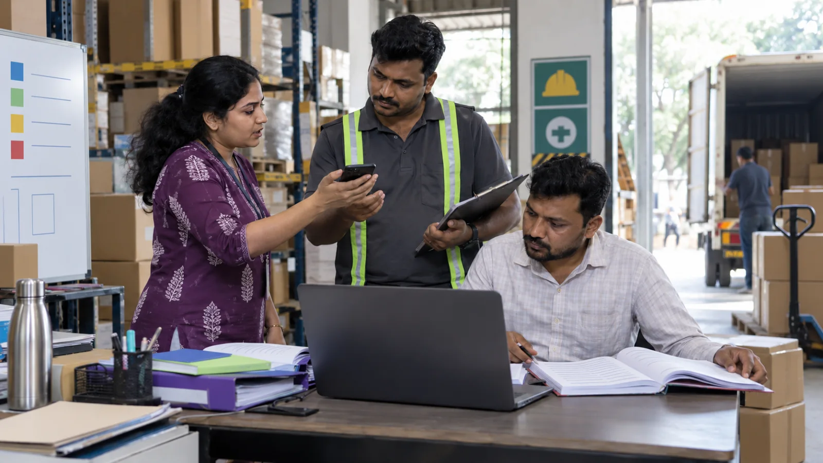 Indian customer-service coordinator handing an enquiry to operations staff while the team verifies dispatch information.