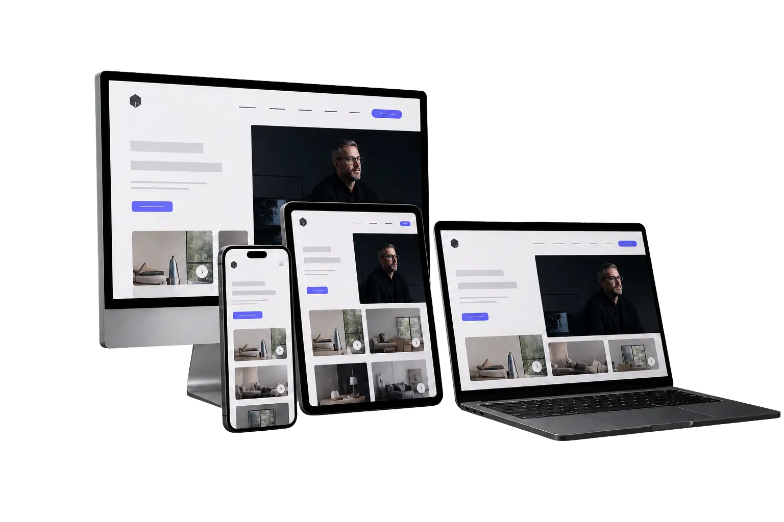 Responsive website displayed across desktop, laptop, tablet, and mobile devices