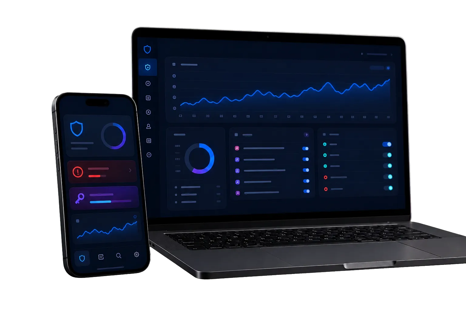 Cybersecurity monitoring dashboard displayed on a laptop and mobile phone
