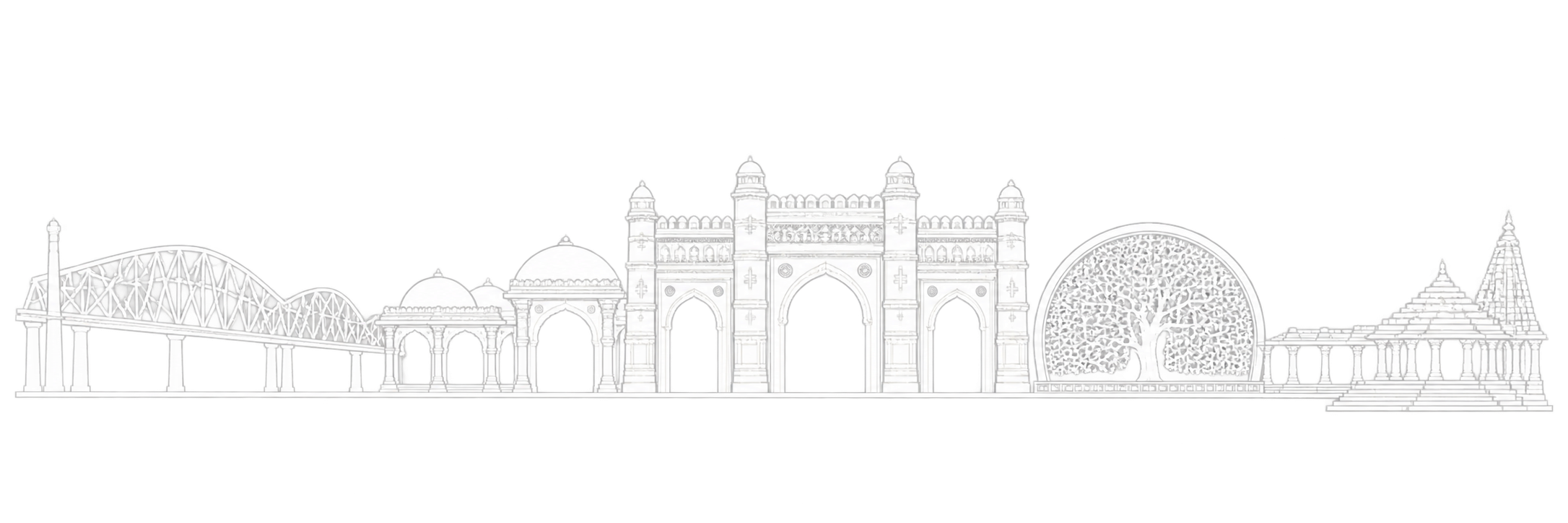 Original line-art composition of Ahmedabad landmarks including the Sidi Saiyyed jali, Sabarmati Ashram, Teen Darwaza, Ellis Bridge and Sabarmati Riverfront.