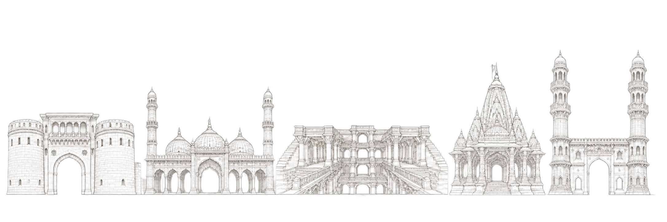 Original line-art composition of Ahmedabad landmarks including Bhadra Fort gateway, Jama Masjid, Dada Harir Stepwell, Hutheesing Jain Temple and Jhulta Minara.