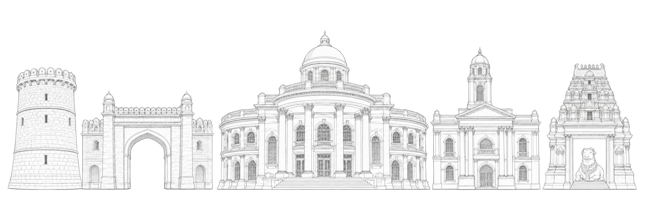 Original line-art composition of Bengaluru landmarks including State Central Library, Bangalore Fort Delhi Gate, Mayo Hall, Bull Temple entrance and a Kempegowda watchtower.