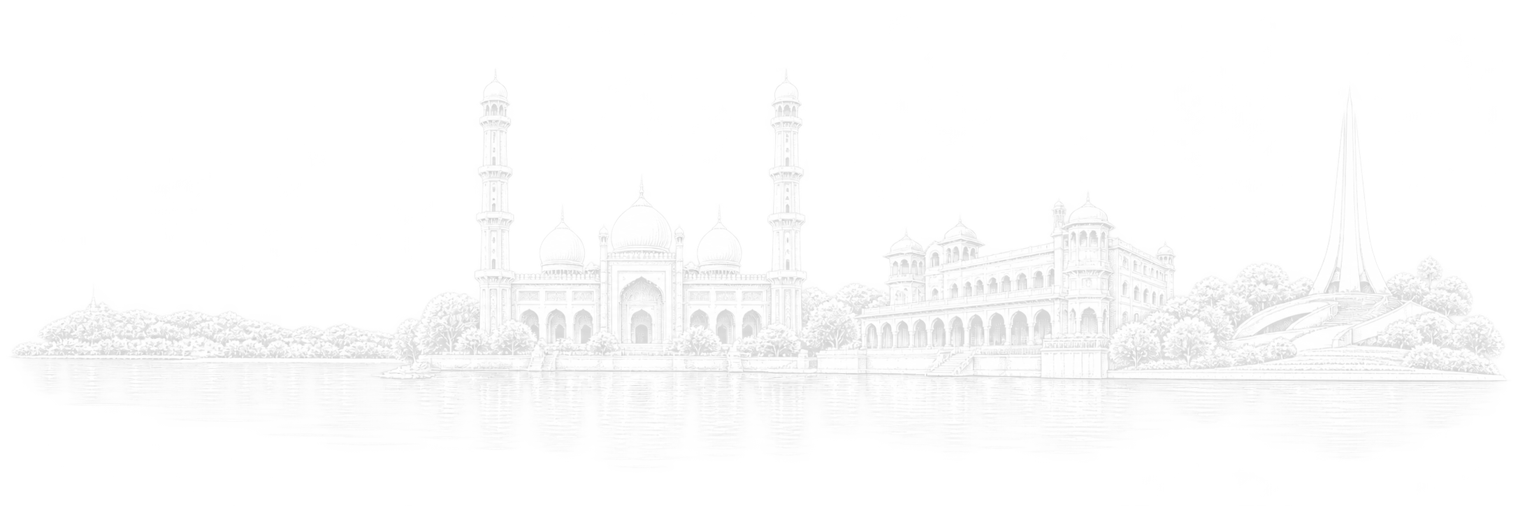 White line-art composition of Bhopal’s Upper Lake shoreline, Taj-ul-Masajid’s twin minarets, Gauhar Mahal’s arches and the Shaurya Smarak memorial.