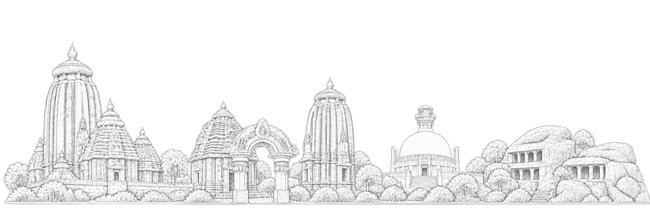 Original line-art composition of Bhubaneswar landmarks including Lingaraj Temple, Mukteswar Temple, Rajarani Temple, Dhauli Shanti Stupa and the Udayagiri and Khandagiri caves.