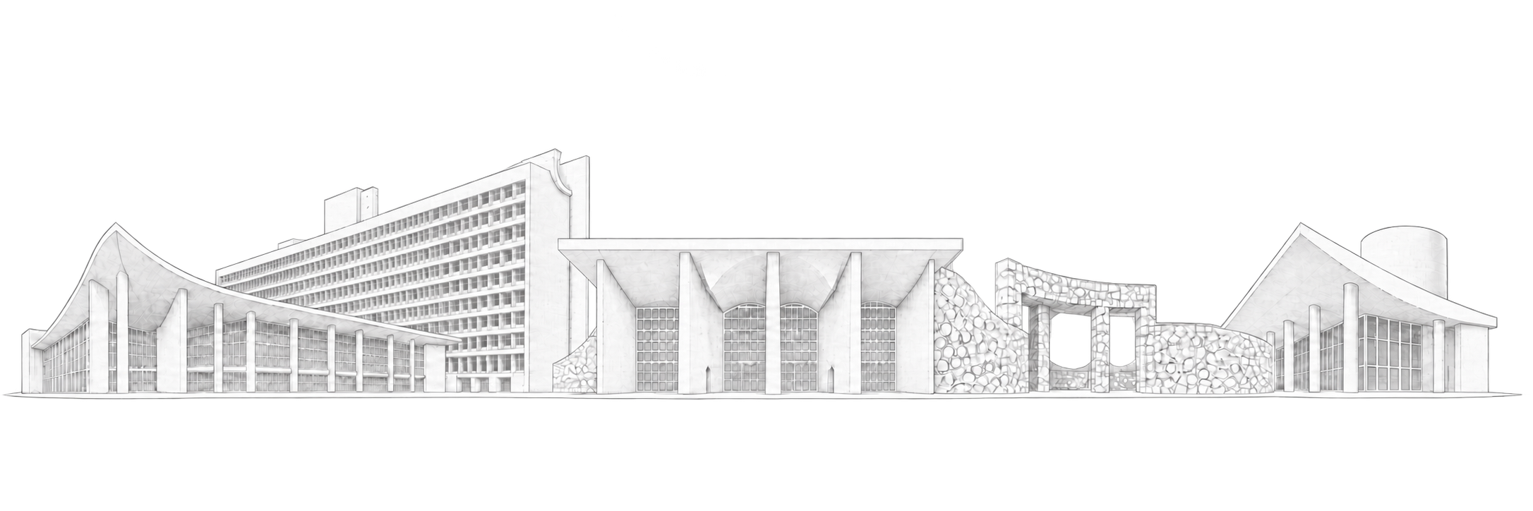 Original line-art composition of Chandigarh landmarks including the Palace of Assembly, Secretariat Building, Punjab and Haryana High Court, Rock Garden entrance and Gandhi Bhawan.