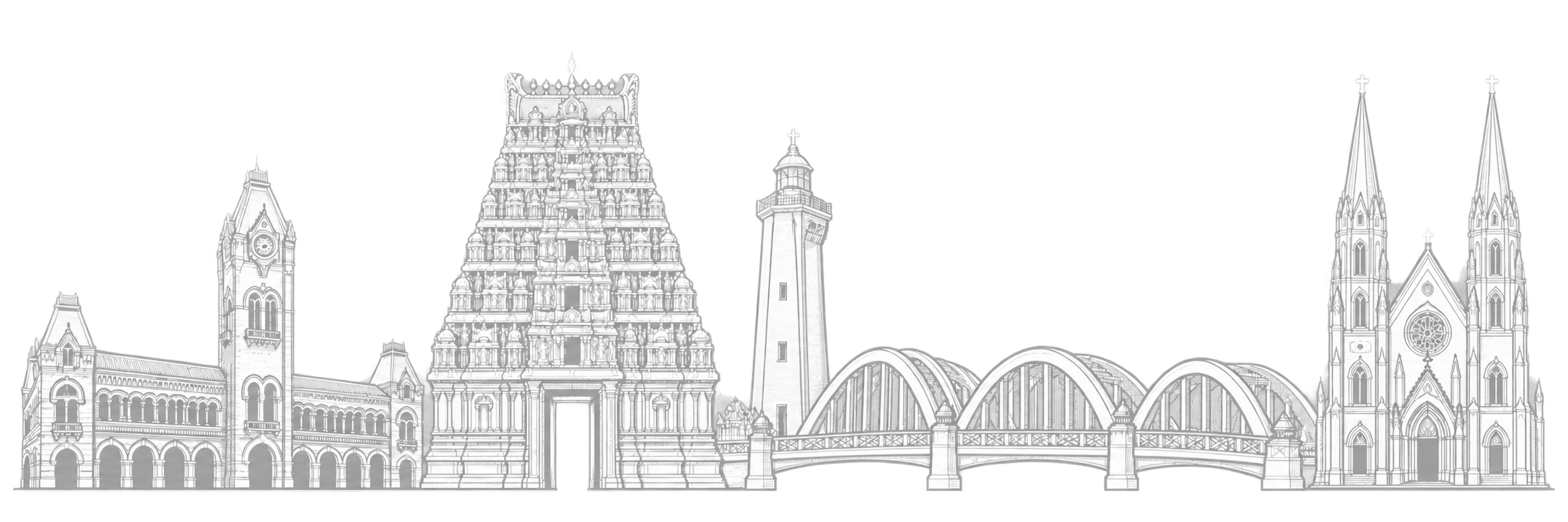 Original line-art composition of Chennai landmarks including Kapaleeshwarar Temple, Chennai Central, Marina Lighthouse, Napier Bridge and San Thome Basilica.