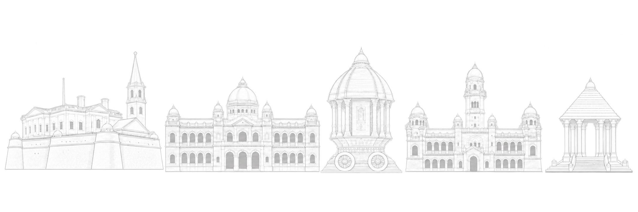 Original line-art composition of Chennai landmarks including Fort St George, Government Museum, Valluvar Kottam, Senate House and Gandhi Mandapam.