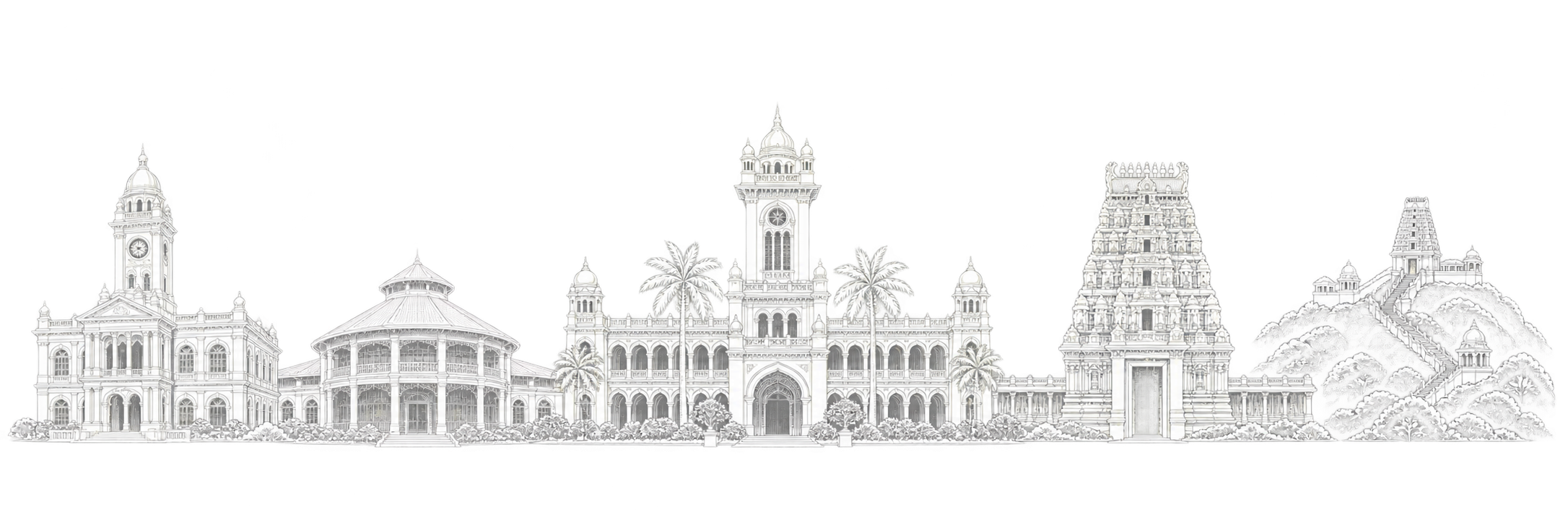 Original line-art composition of Coimbatore landmarks including Victoria Town Hall, the Tamil Nadu Agricultural University heritage building, Gass Forest Museum, Perur Pateeswarar Temple and Marudhamalai Temple.
