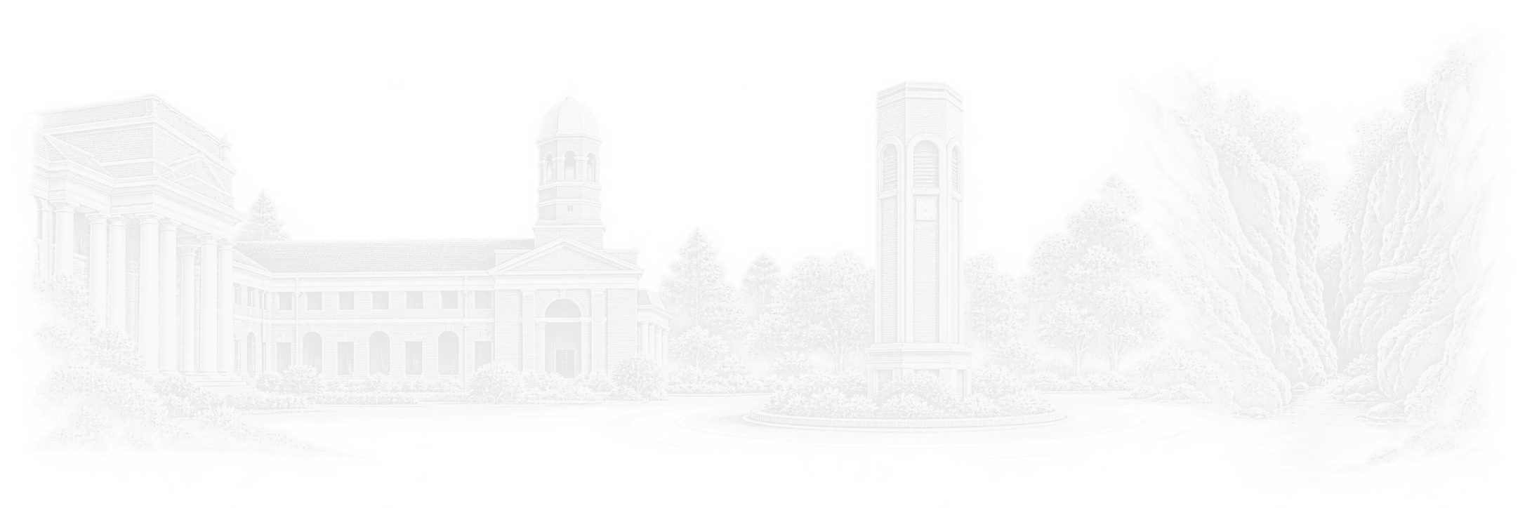White line-art composition of Dehradun’s Forest Research Institute, the six-faced Ghanta Ghar clock tower and the narrow stream through Robber’s Cave.