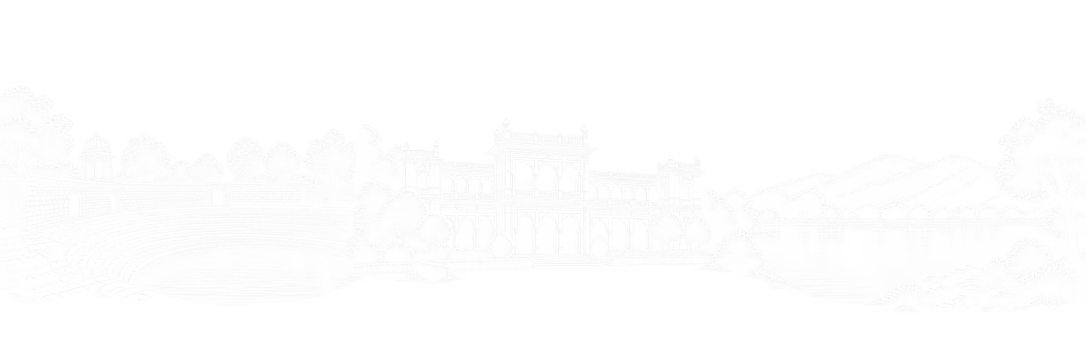 White line-art composition of Surajkund’s stepped reservoir, the arched courtyard of Raja Nahar Singh Palace, and Badkhal Lake below the Aravalli ridge in Faridabad.