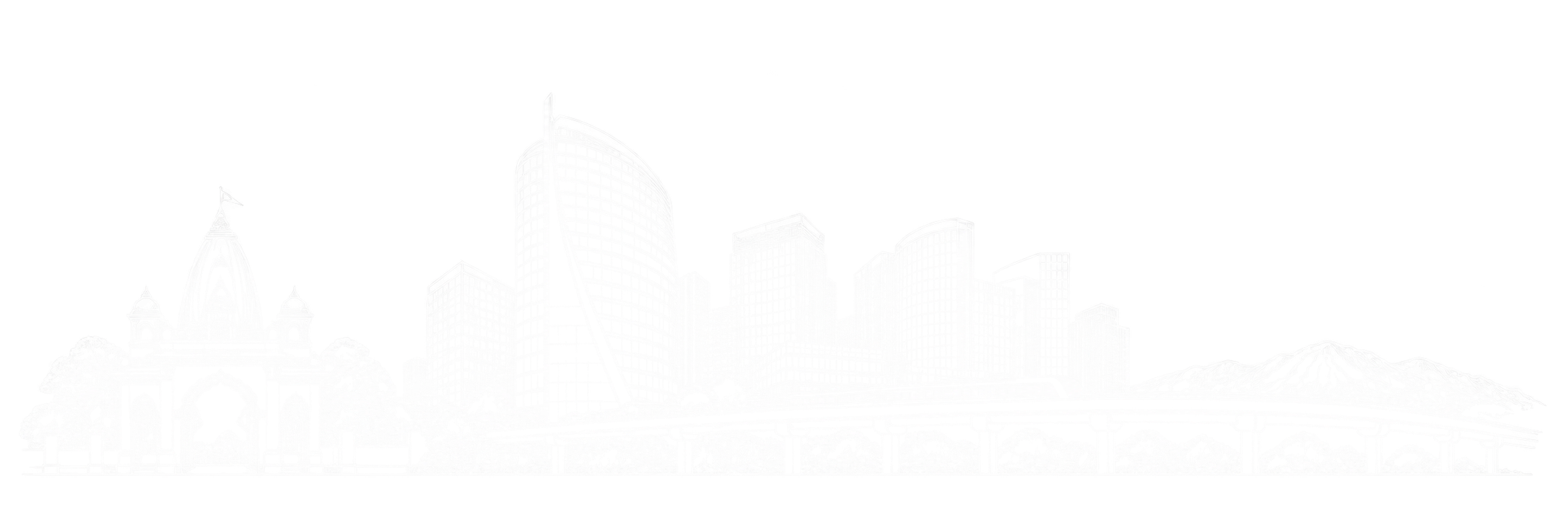 Original line-art composition of Gurugram landmarks including Sheetla Mata Mandir, Gateway Tower, the Cyber City skyline, Rapid Metro and the Aravalli ridge.