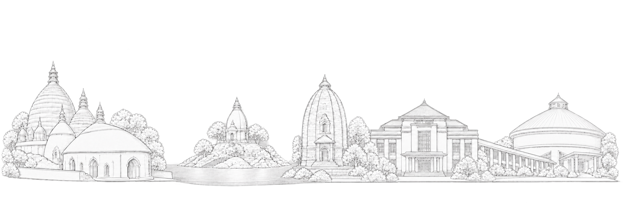 Original line-art composition of Guwahati landmarks including Kamakhya Temple, Umananda Temple and island, Navagraha Temple, Assam State Museum and Srimanta Sankardev Kalakshetra.