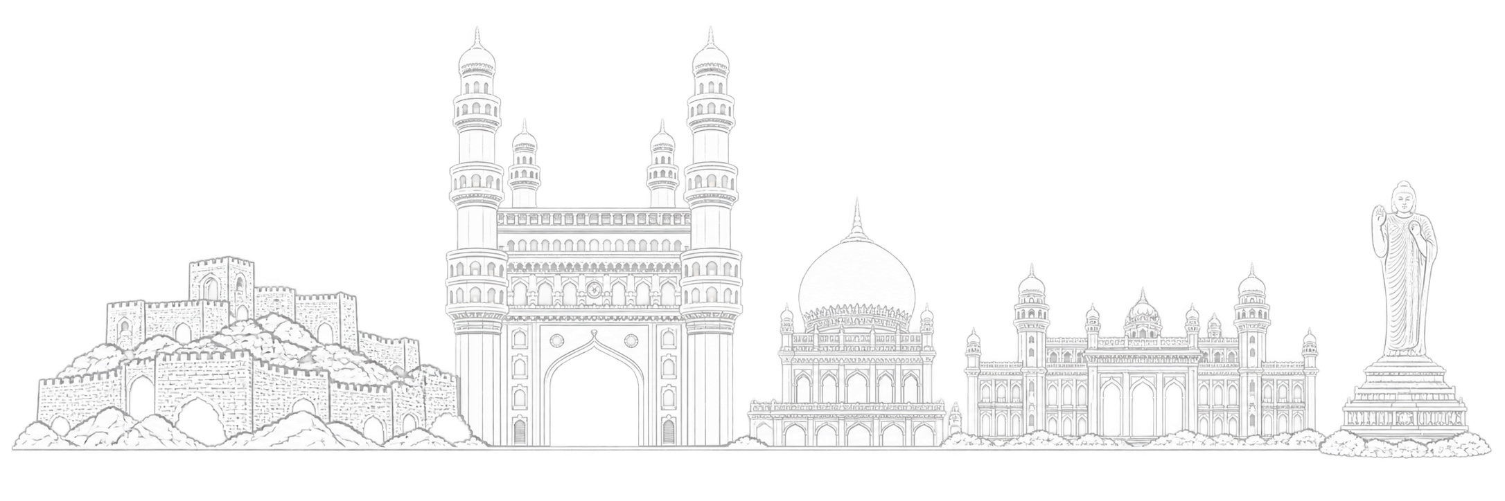 Original line-art composition of Hyderabad landmarks including Charminar, Golconda Fort, Qutb Shahi Tombs, Chowmahalla Palace and the Hussain Sagar Buddha.