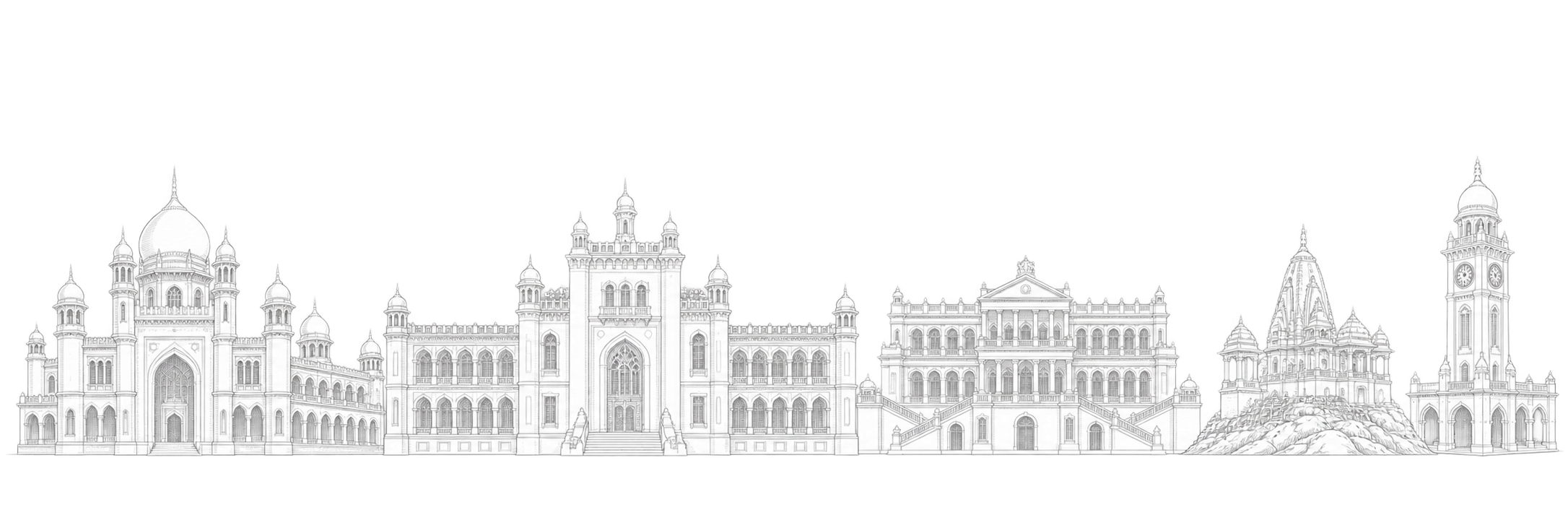 Original line-art composition of Hyderabad landmarks including Telangana High Court, Osmania University Arts College, Falaknuma Palace, Birla Mandir and Mozamjahi Market clock tower.