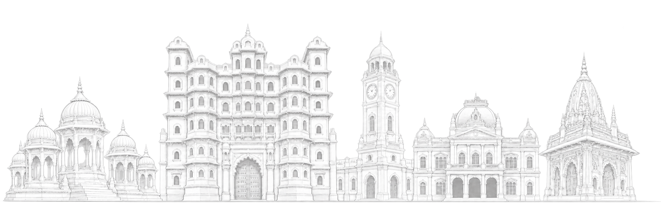 Original line-art composition of Indore landmarks including Krishnapura Chhatris, Rajwada Palace, Gandhi Hall, Lal Bagh Palace and Kanch Mandir.