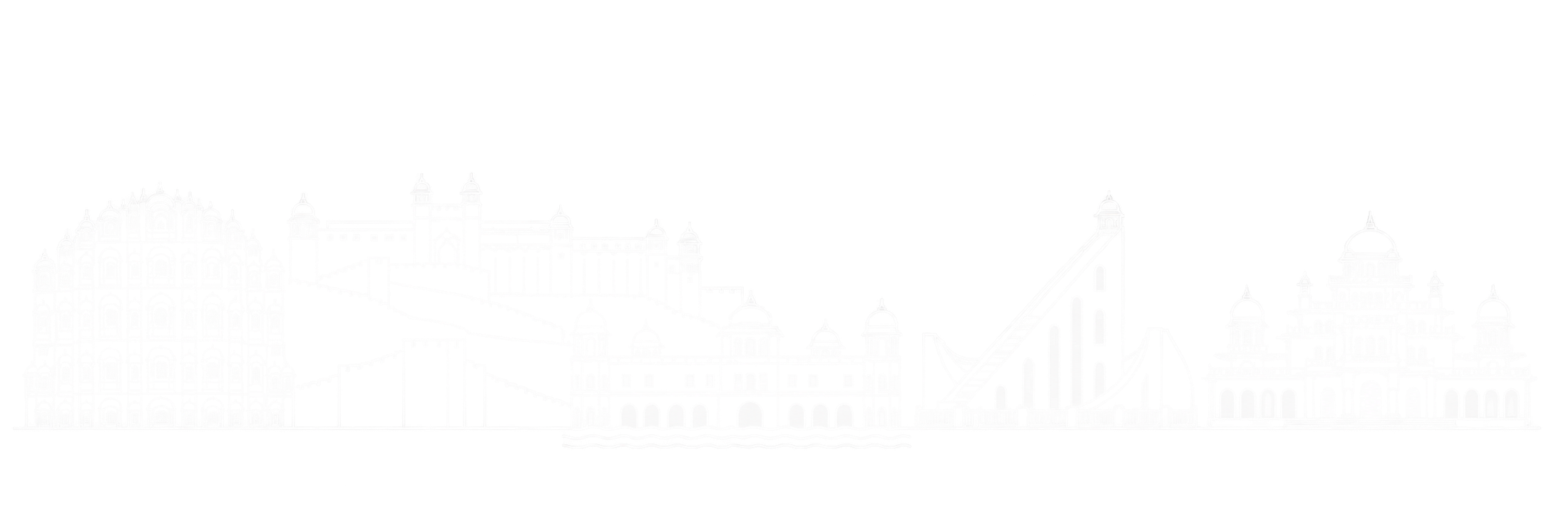Original line-art composition of Jaipur landmarks including Hawa Mahal, Amber Fort, Jal Mahal, Jantar Mantar’s Samrat Yantra and Albert Hall Museum.