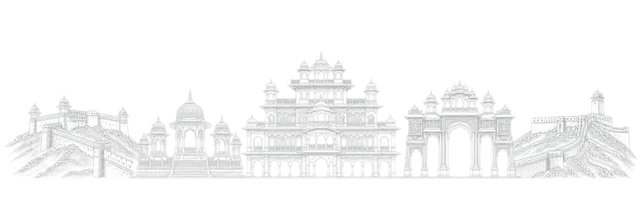 Original line-art composition of Jaipur landmarks including Nahargarh Fort, Gaitore cenotaphs, City Palace Chandra Mahal, Patrika Gate and Jaigarh Fort.