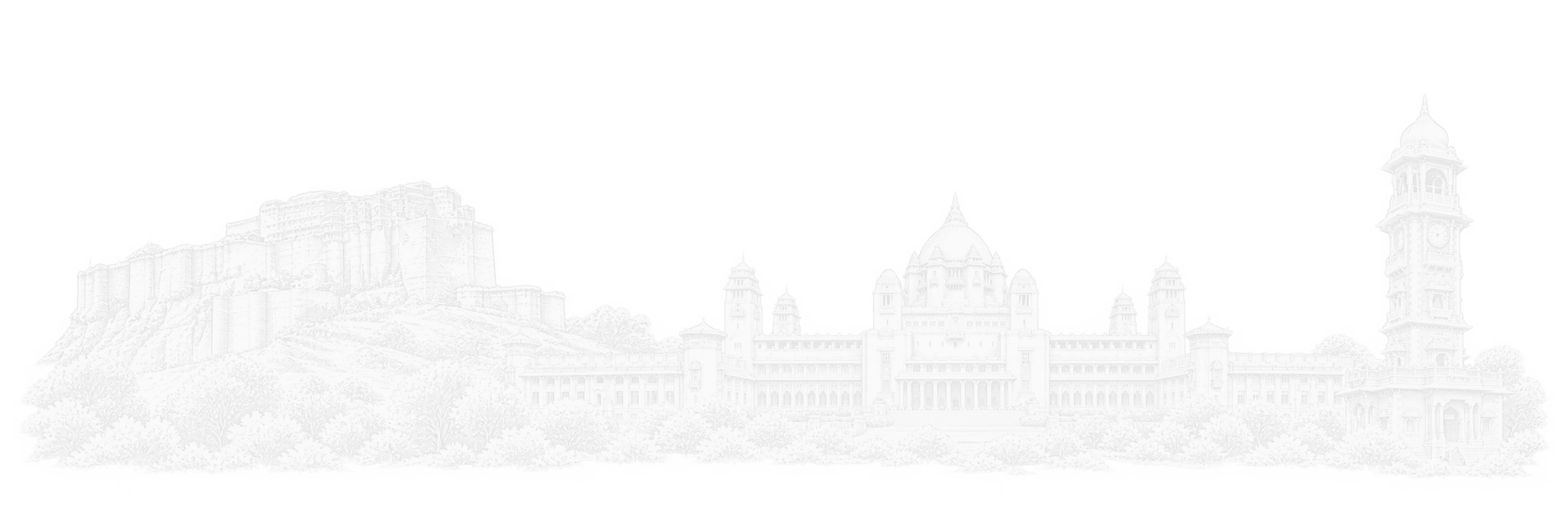 White line-art composition of Jodhpur’s Mehrangarh Fort on its rocky ridge, Umaid Bhawan Palace and Ghanta Ghar clock tower.