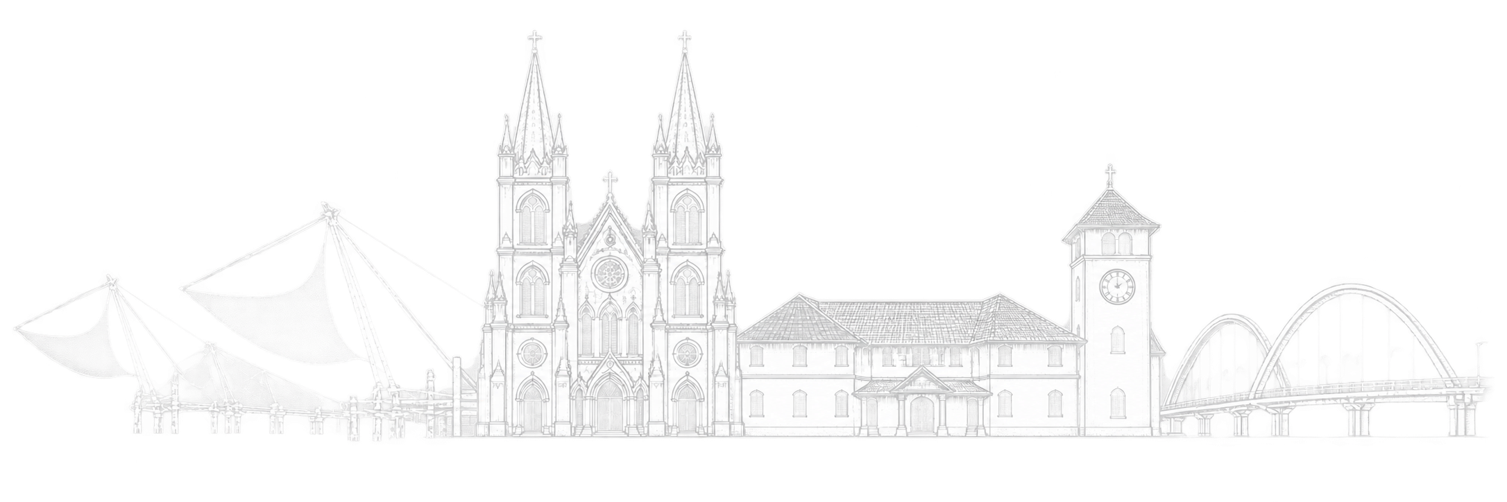 Original line-art composition of Kochi landmarks including Chinese fishing nets, Santa Cruz Basilica, Mattancherry Palace, the Paradesi Synagogue clock tower and Marine Drive bridge.