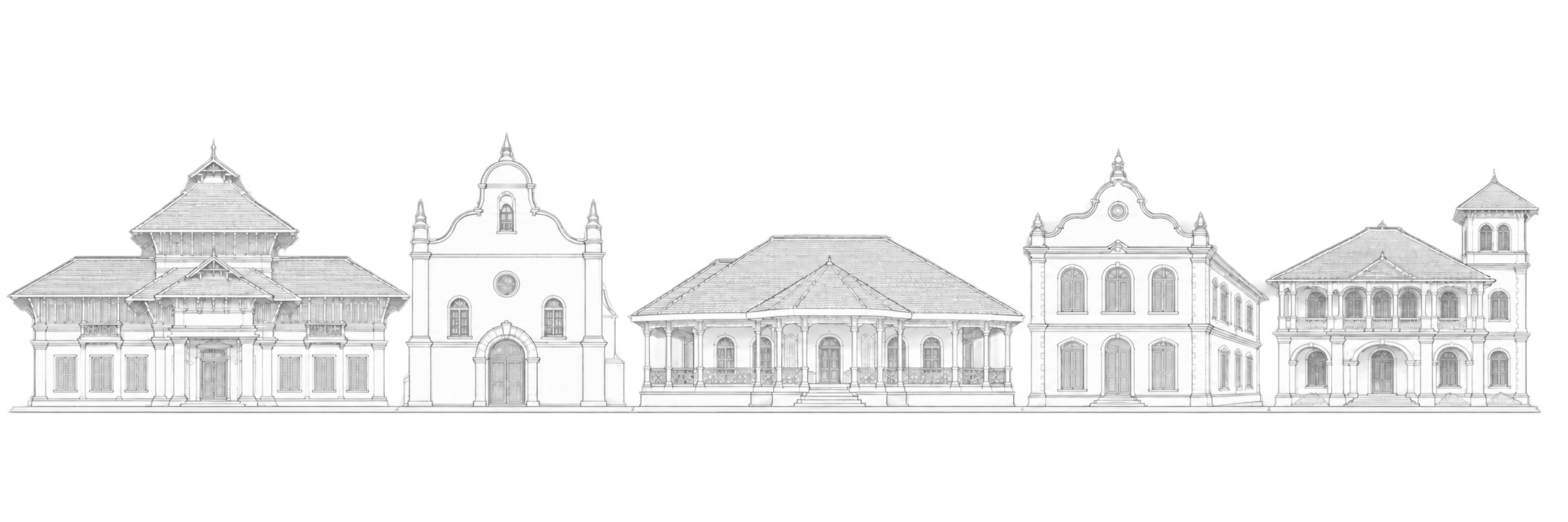 Original line-art composition of Kochi landmarks including Hill Palace, St Francis Church, Bastion Bungalow, Koder House and Bolgatty Palace.