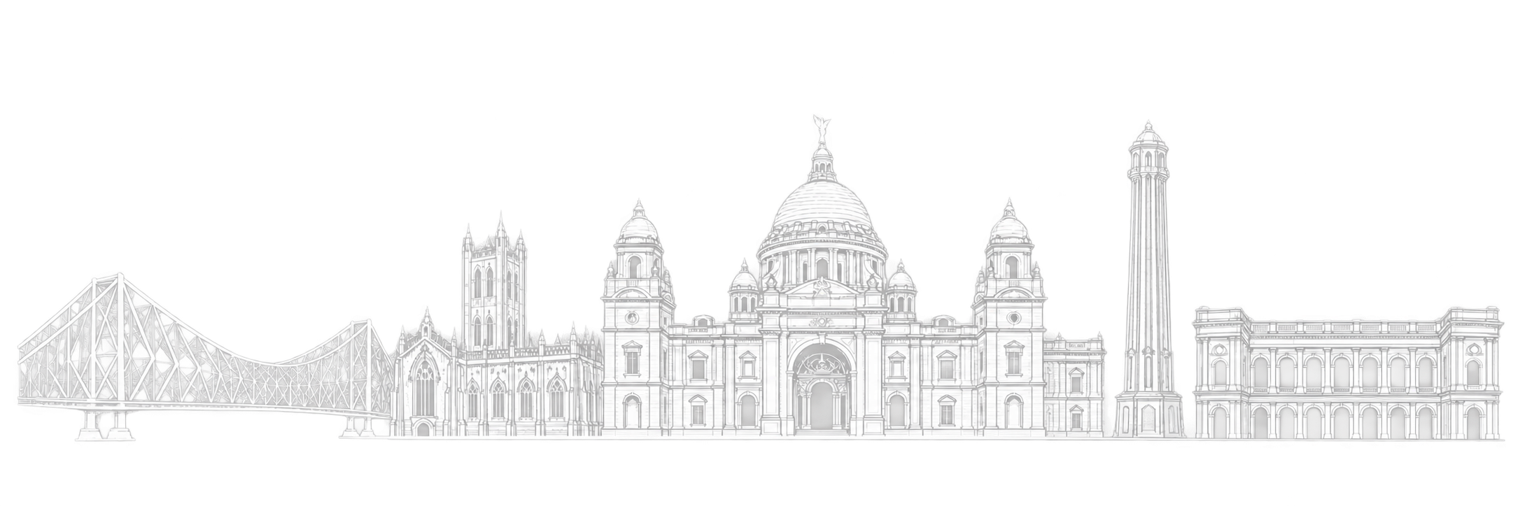 Original line-art composition of Kolkata landmarks including Howrah Bridge, St. Paul’s Cathedral, Victoria Memorial, Shaheed Minar and the Indian Museum.