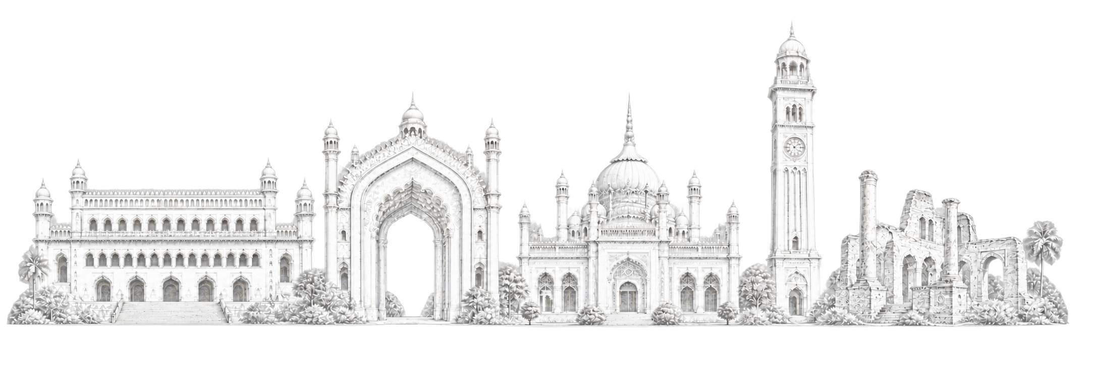 Original white line-art composition of Lucknow landmarks: Bara Imambara, Rumi Darwaza, Chota Imambara, Husainabad Clock Tower and the surviving Residency ruins.