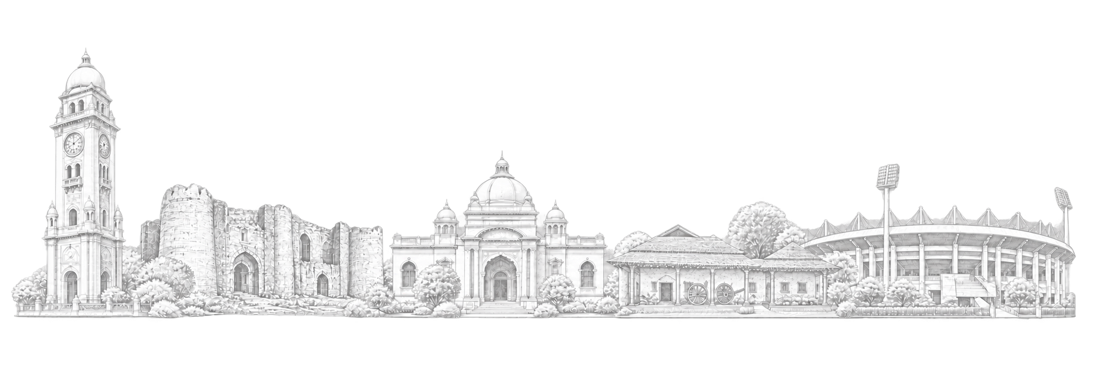 Original white line-art composition of Ludhiana landmarks: the Clock Tower, surviving masonry of Lodhi Fort, Maharaja Ranjit Singh War Museum entrance, PAU Museum of Rural Life façade and Guru Nanak Stadium grandstand.