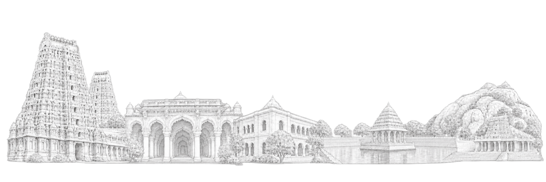 Original white line-art composition of Madurai landmarks: the exterior gateway towers of Meenakshi Sundareswarar Temple, Thirumalai Nayak Palace, Gandhi Memorial Museum, the central pavilion of Vandiyur Mariamman Teppakulam and the Thirupparankundram Temple exterior.