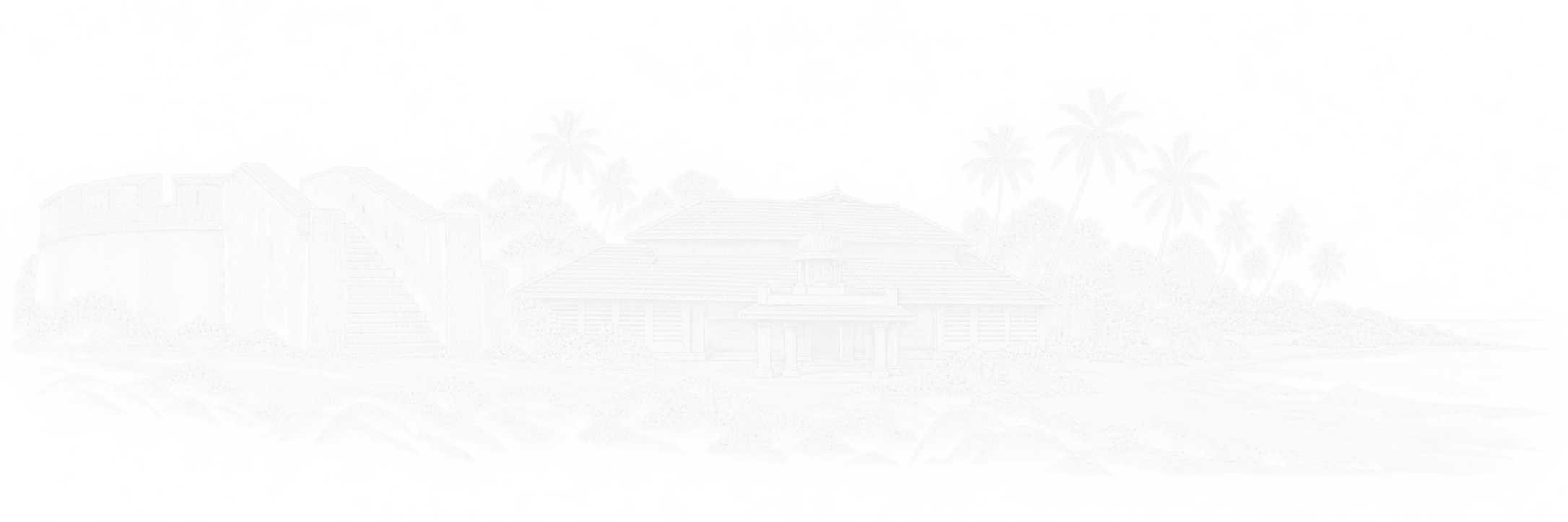 White line-art composition of Mangaluru’s Sultan Battery with its exterior staircase, Kadri Manjunath Temple’s tiled roofs and the Tannirbhavi shoreline.