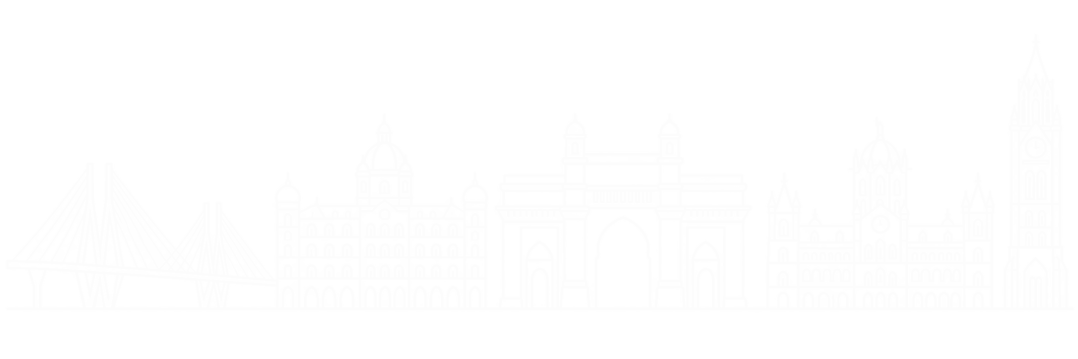 Line-art composition of Mumbai’s Gateway of India, Taj Mahal Palace, Chhatrapati Shivaji Maharaj Terminus, Bandra Worli Sea Link and Rajabai Clock Tower.