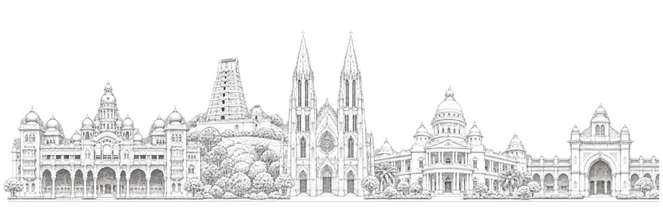 Original white line-art composition of Mysuru landmarks: Mysuru Palace, the Chamundeshwari Temple gateway on Chamundi Hill, St Philomena’s Cathedral, Lalitha Mahal Palace and Devaraja Market.