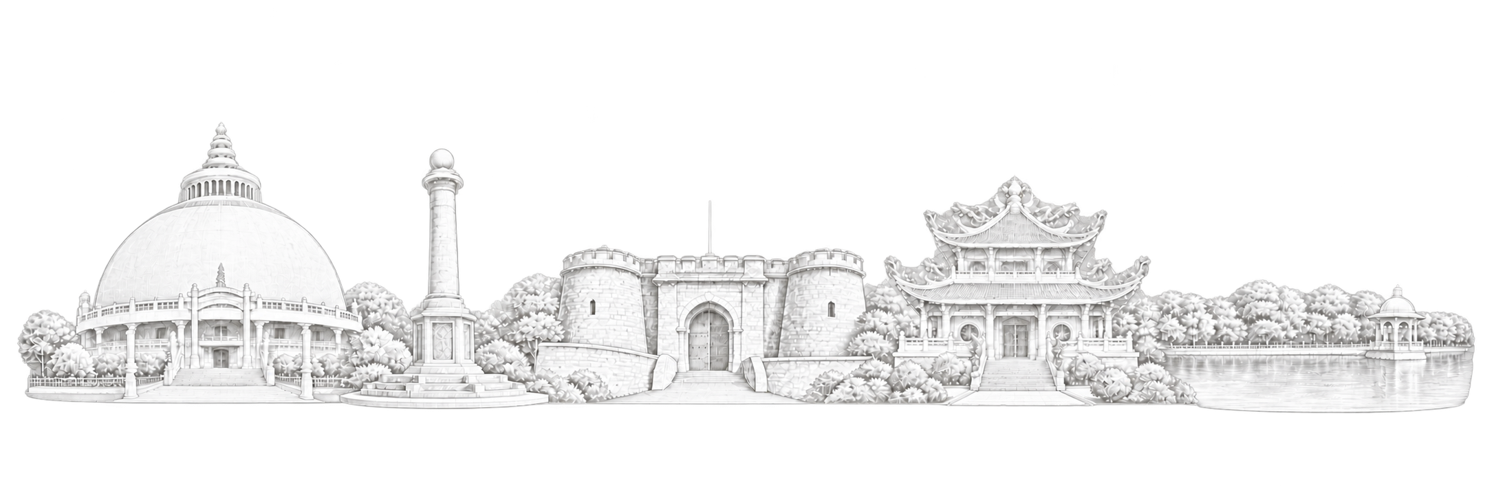 Original white line-art composition of Nagpur and nearby landmarks: the Deekshabhoomi stupa, Zero Mile Marker, remaining walls of Sitabuldi Fort, Dragon Palace Temple at Kamptee and Ambazari Lake.