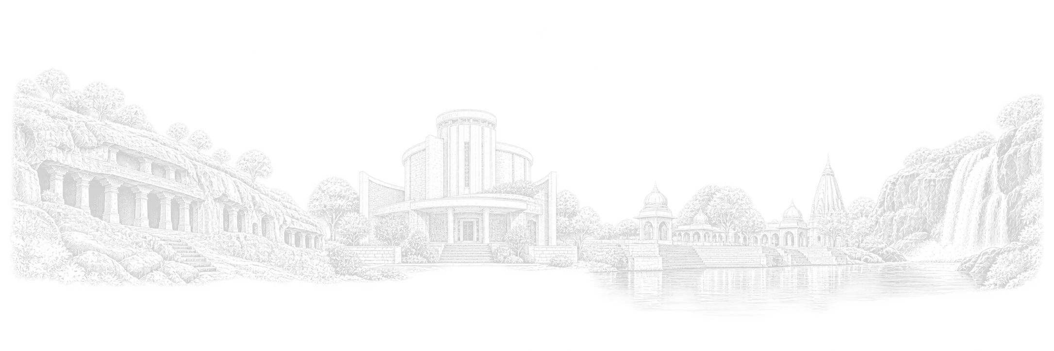 White line-art composition of Nashik’s Pandav Caves, Dadasaheb Phalke Smarak, the stone ghats at Ramkund on the Godavari and Dudhsagar waterfall.