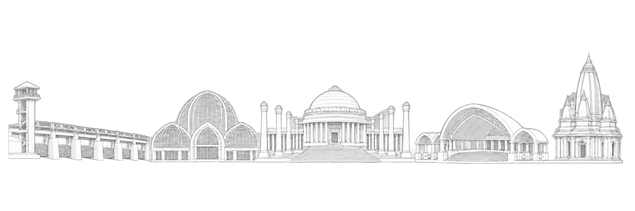 Original line-art composition of Noida landmarks including Okhla barrage, the Botanical Garden cactus house, Prerna Sthal, Noida Haat and ISKCON Noida.
