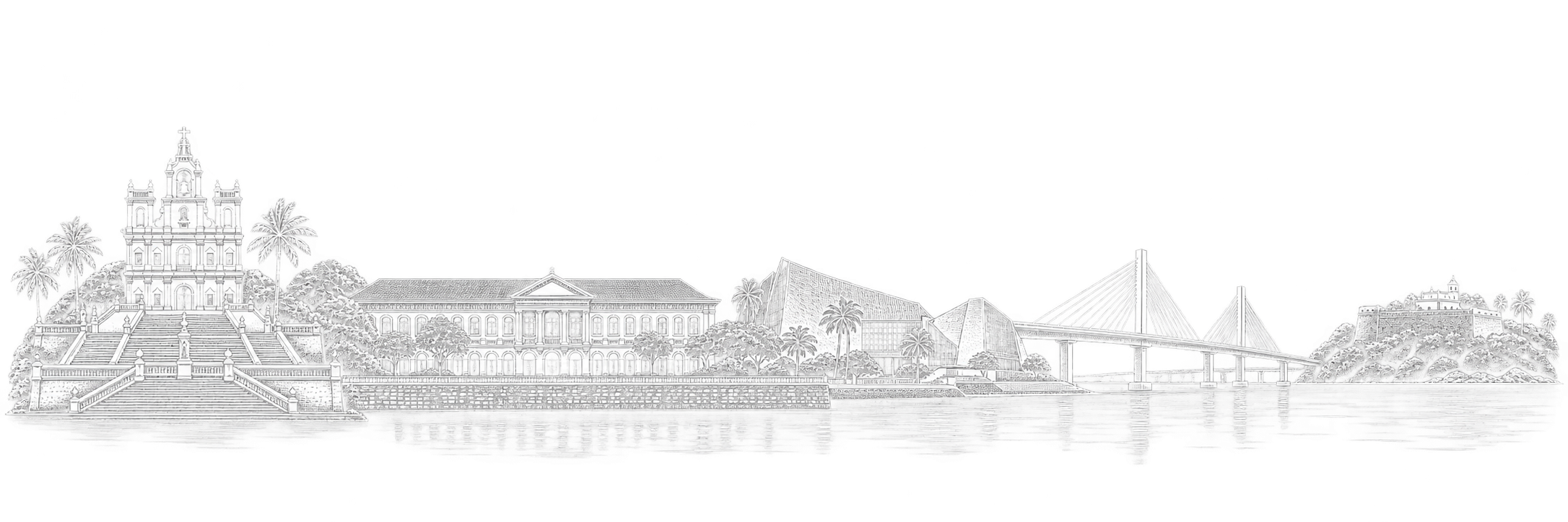 Original line-art composition of Panaji and nearby Mandovi landmarks including Our Lady of the Immaculate Conception Church, the Adil Shah Palace, Kala Academy, the Patto Bridge and Reis Magos Fort.