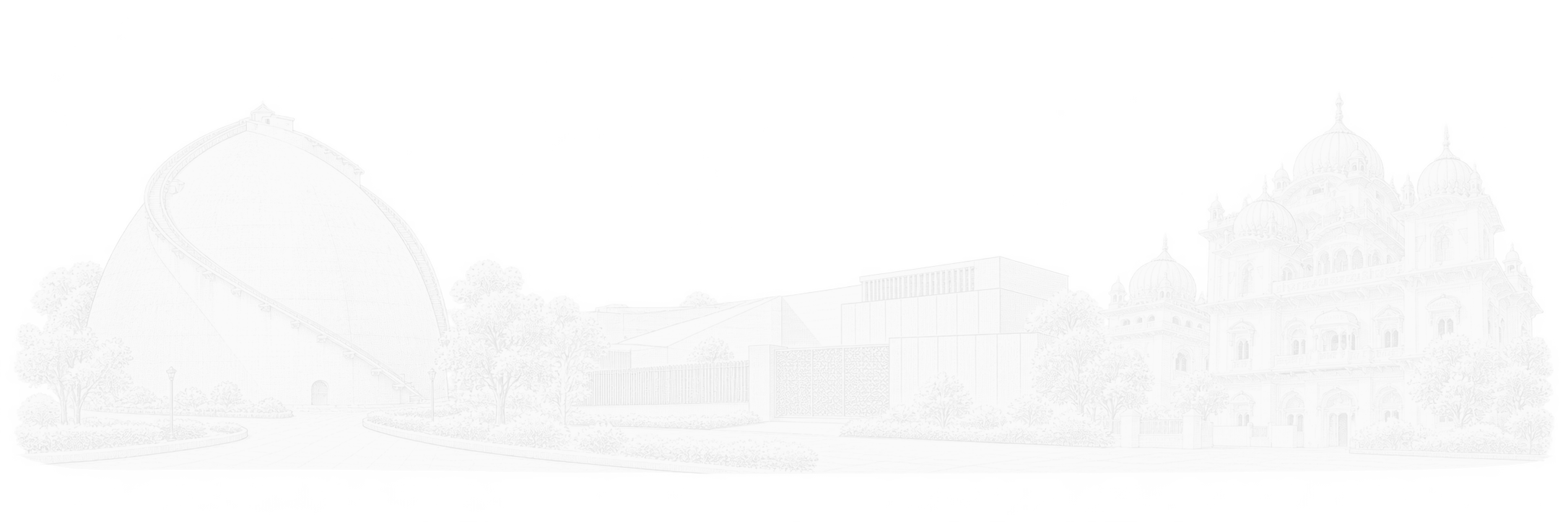 White line-art composition of Patna’s rounded Golghar granary and exterior stairs, Bihar Museum’s modern low facade and the domes of Patna Sahib gurudwara.