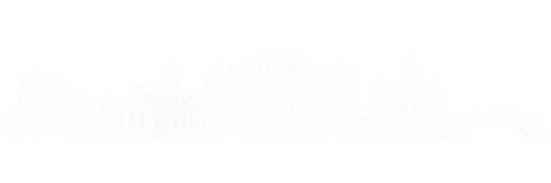 Original line-art composition of Pune landmarks including Shaniwar Wada, Aga Khan Palace, Sinhagad, Parvati Hill and the Pune Okayama Friendship Garden bridge.