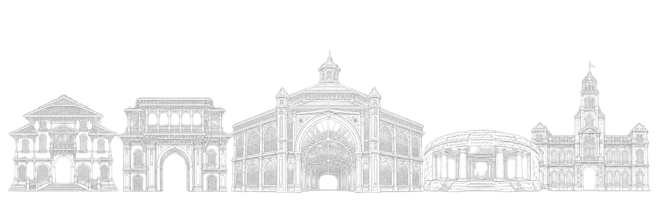 Original line-art composition of Pune landmarks including Lal Mahal, Vishrambaug Wada, Mahatma Phule Mandai, Pataleshwar Cave Temple and Savitribai Phule Pune University main building.
