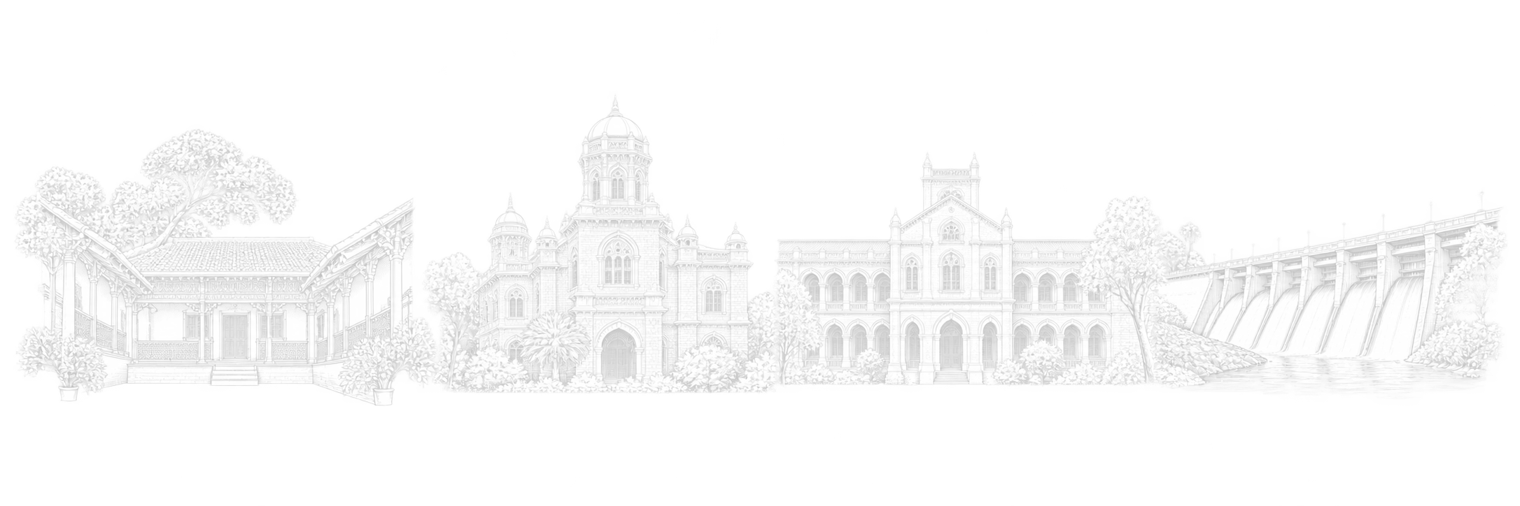 White line-art composition of Kaba Gandhi No Delo, Watson Museum, the former Alfred High School now Mahatma Gandhi Museum, and Aji Dam in Rajkot.