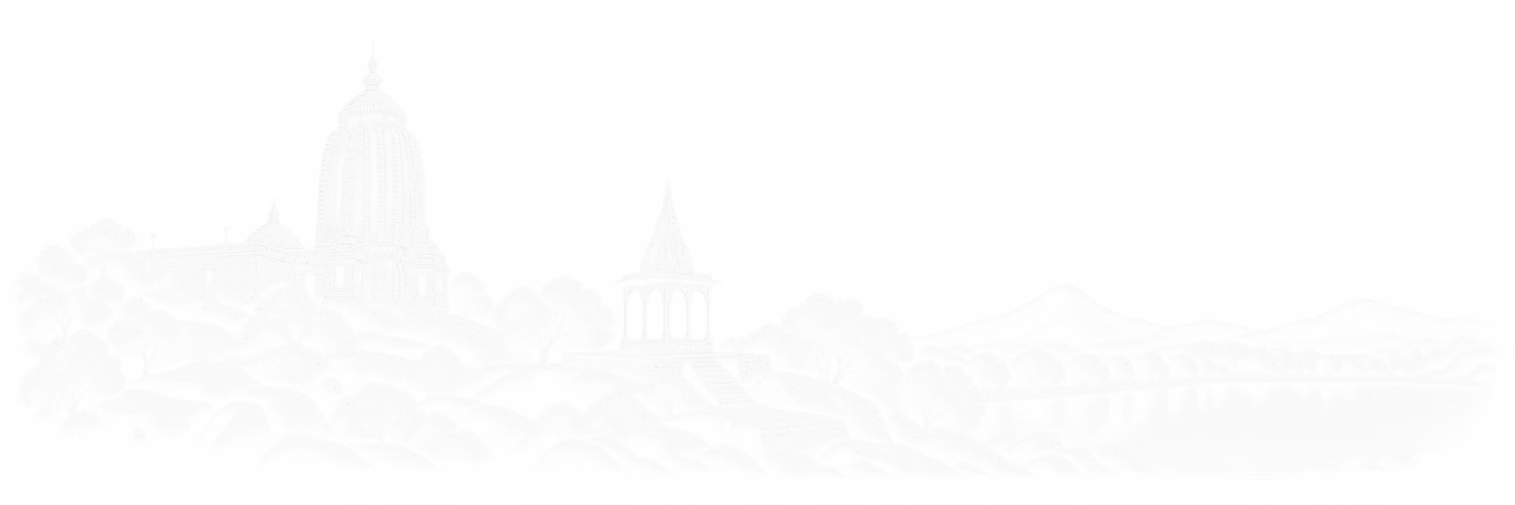 White line-art composition of Ranchi’s Jagannath Temple, the open pavilion on Tagore Hill and the bank of Ranchi Lake.
