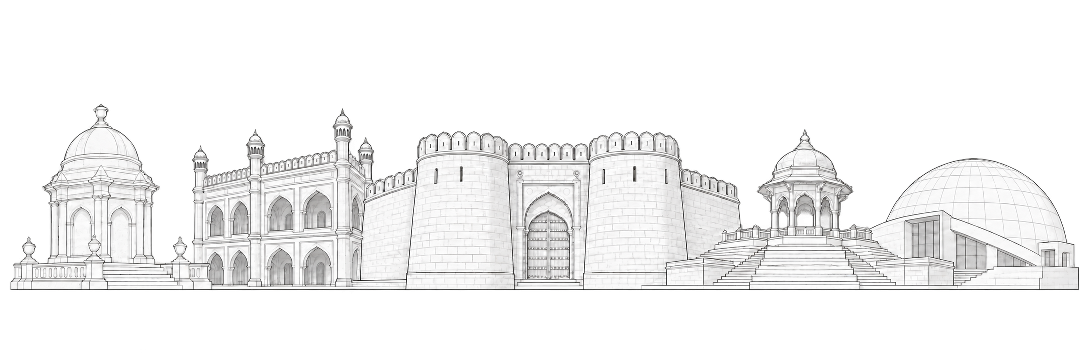 Original line-art composition of Surat landmarks including Surat Castle, Mughal Sarai, the Dutch Cemetery mausoleum, Gopi Talav and Surat Science Centre.