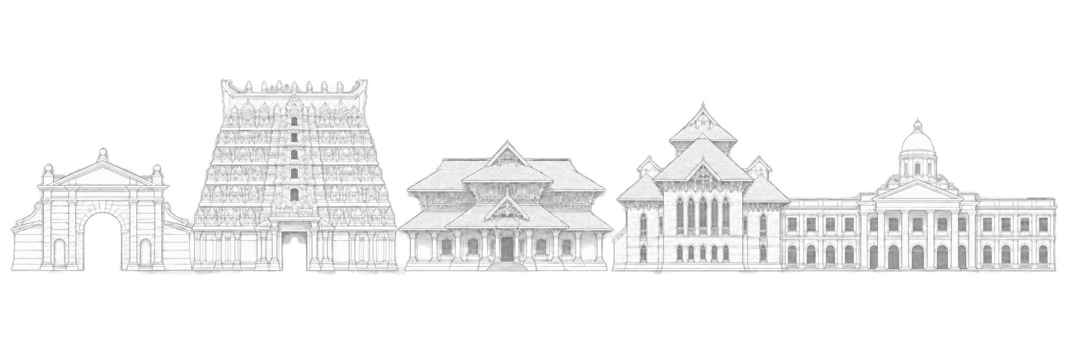 Original line-art composition of Thiruvananthapuram landmarks including East Fort, Sree Padmanabhaswamy Temple, Kuthiramalika Palace, Napier Museum and the Kerala Government Secretariat.
