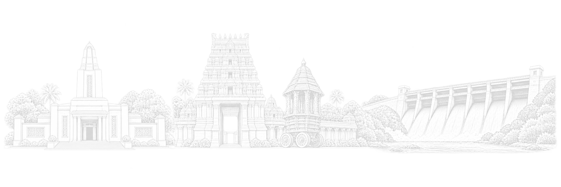 White line-art composition of Tiruppur Kumaran Memorial, the carved gateway and temple chariot at Avinashi Lingeswarar Temple, and the spillway of Amaravathi Dam in Tiruppur district.