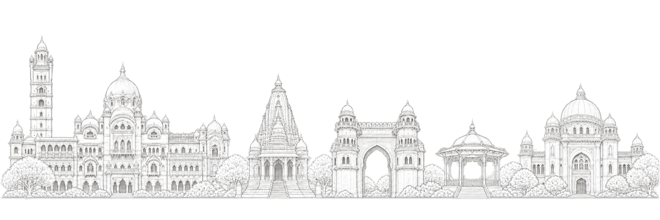Original line-art composition of Vadodara landmarks including Lakshmi Vilas Palace, Kirti Mandir, Mandvi Gate, the Sayaji Baug bandstand and Vadodara Museum.