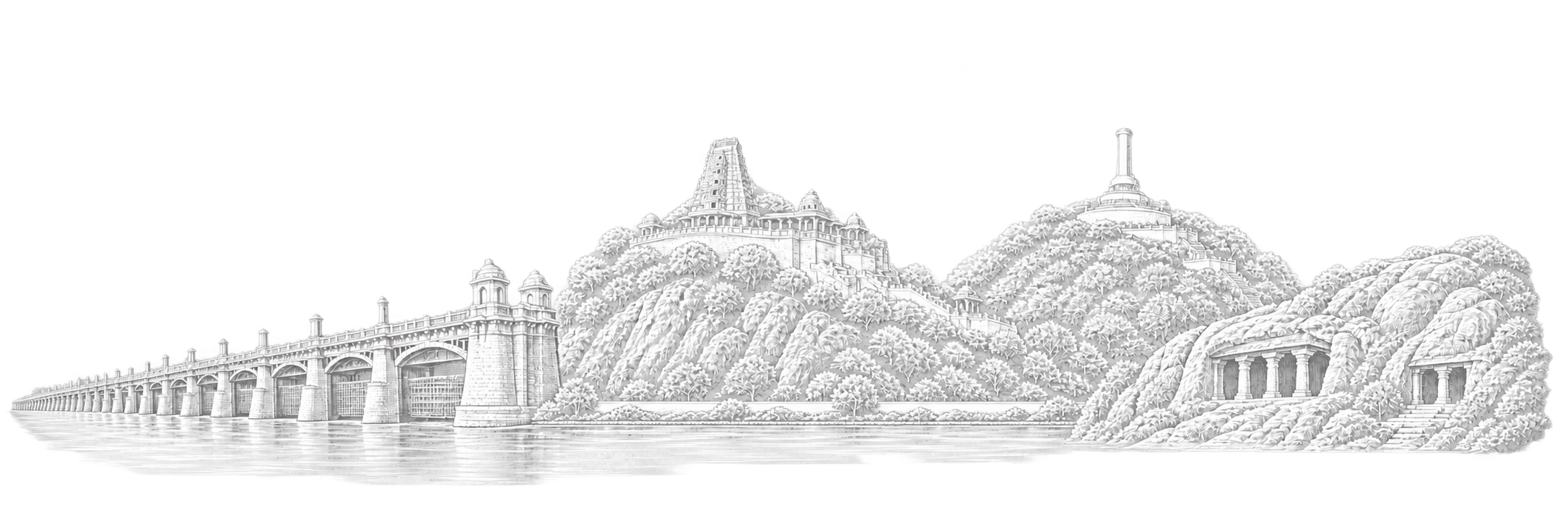 Original line-art composition of Vijayawada landmarks including Prakasam Barrage, Kanaka Durga Temple, Gandhi Hill and the Mogalrajapuram cave temples.