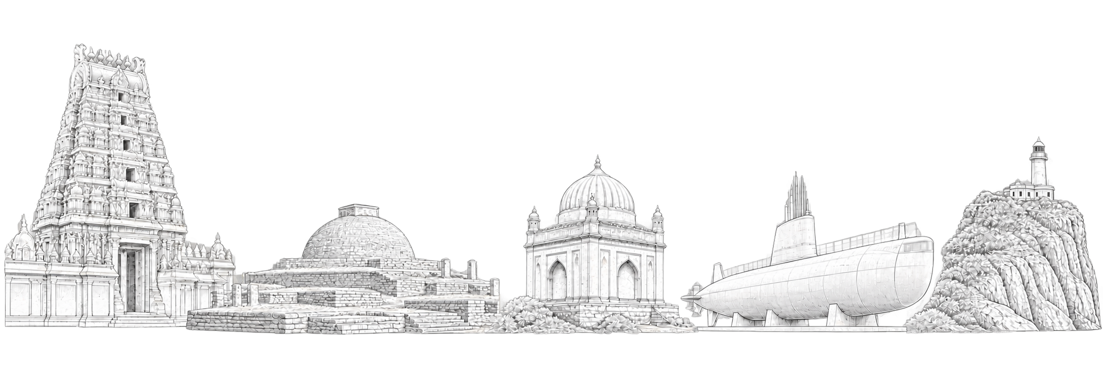 Original line-art composition of Visakhapatnam landmarks including Simhachalam Temple, Thotlakonda, Kurupam Tomb, the submarine museum and Dolphin’s Nose lighthouse.