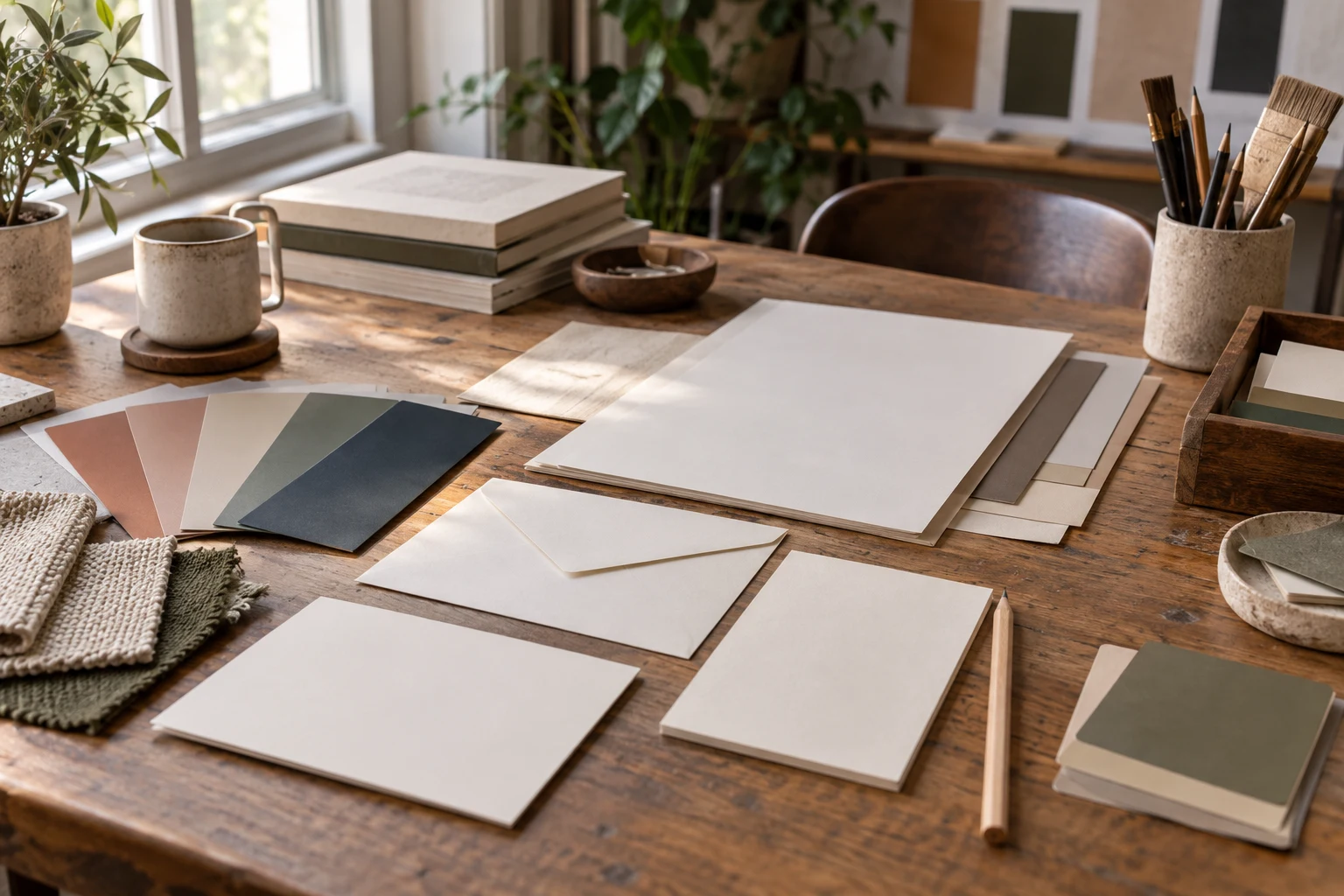 Colour swatches, typography samples and paper stocks in a design studio
