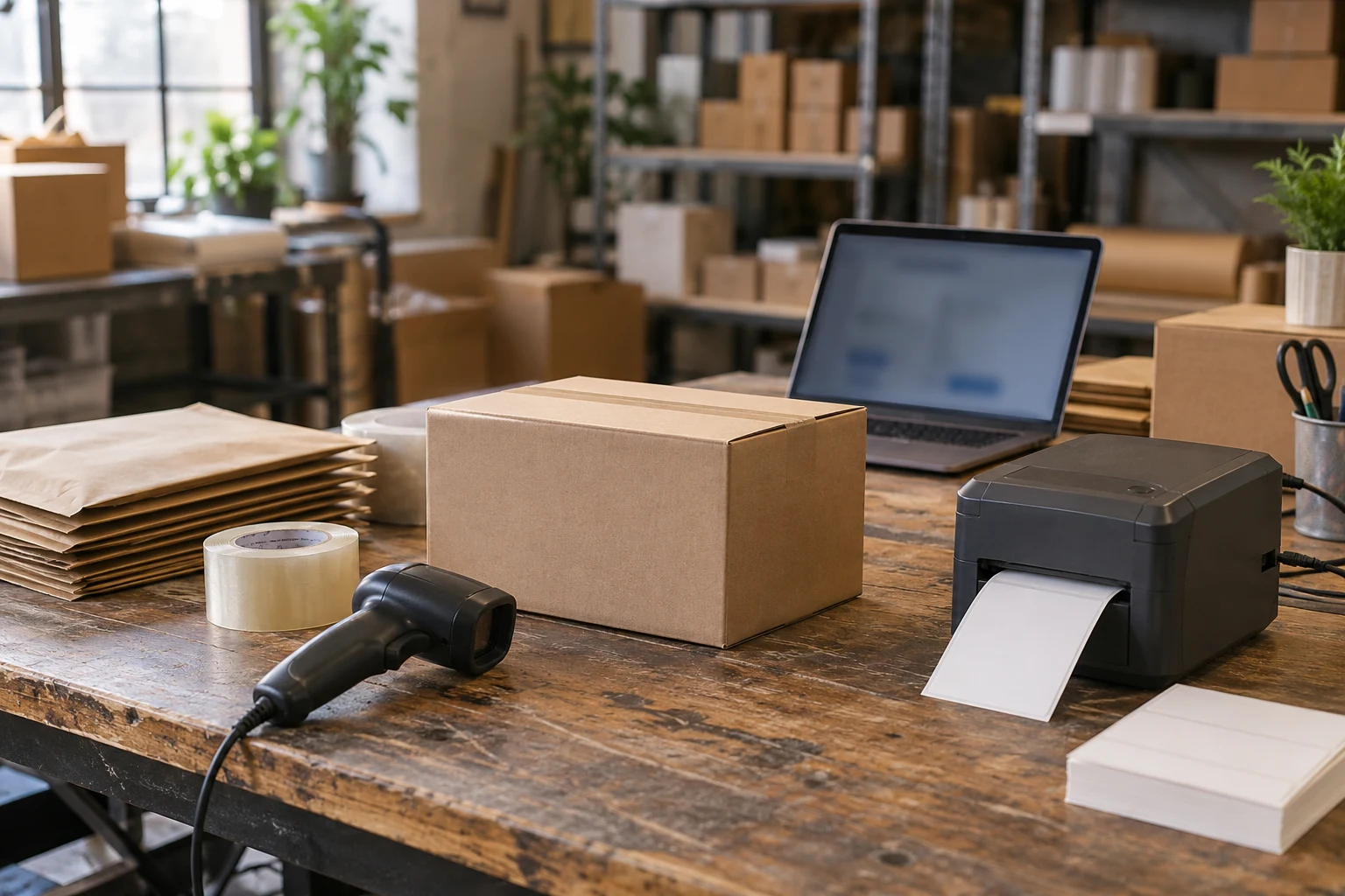 Ecommerce fulfilment desk with cartons, scanner and label printer